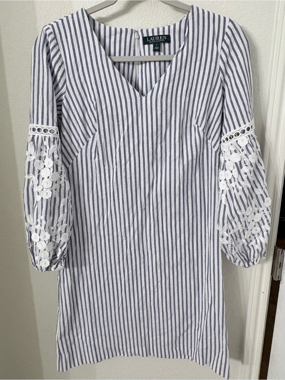 Lauren Ralph Lauren Striped Lace Balloon Sleeve Shift V-neck Dress 4